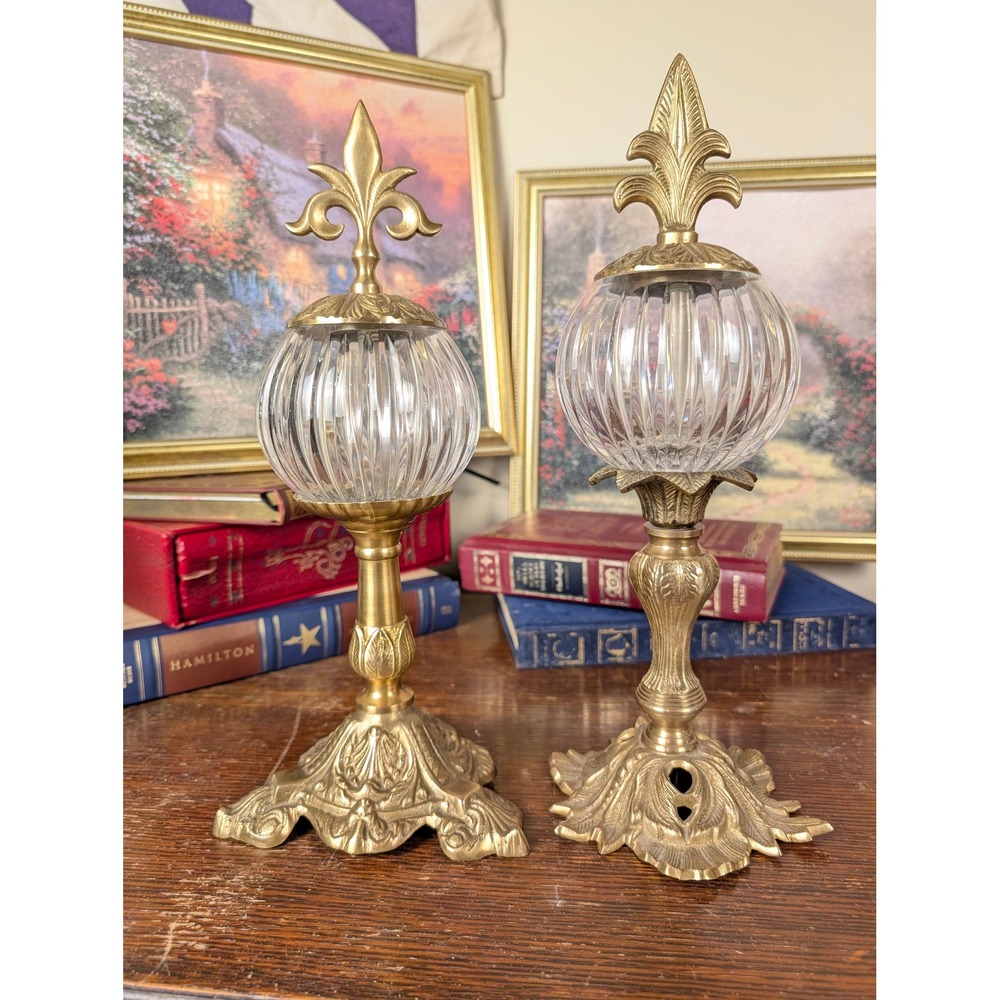 Vintage Brass Fleur De Lis Glass Orb Finials Apothecary Style Set of 2